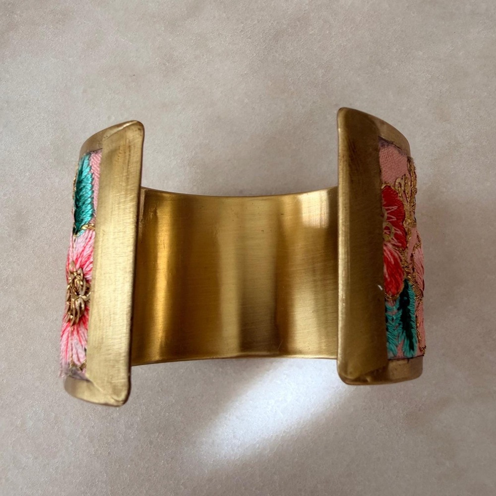 Bohemian‎ Floral Embroidered Wide Cuff Bracelet Gold Tone Pink Sequin Statement - Picture 7 of 11
